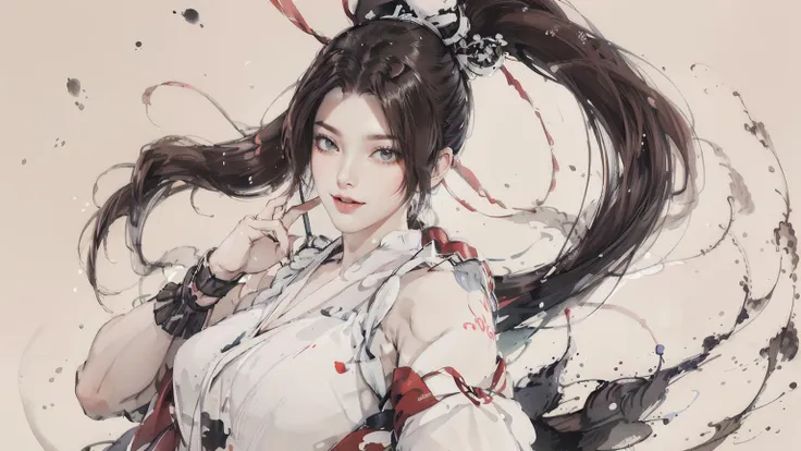 <lora:mai shiranui:0.6>,(mai shiranui:1.2), (mai shiranui red dress:1.2), King of fighter 98, Amazing, finely detailed, light smile, extremely detailed CG unity 8k wallpaper, ultra-detailed, high res, absurd res, soft light, rim light, vibrant details, depth of field, dramatic action, camera from below, inkbrush,((POMO_BG)) ,hanfu, 80% full body,1girl, solo, dynamic pose, dress flip, Floating dress, Speckled Ink Painting, Ink dot, ink splashing, Ink marks, focus on the girl, looking at the viewer, colourful, <lora:mo:0.4> ink splash, <lora:shuV2:0.5> shukezouma, <lora:qianjinghui:0.6>