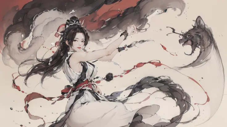 <lora:mai shiranui:0.6>, (Chinese fan:1.2),(mai shiranui:1.2), mai shiranui red dress, King of fighter 98, Amazing, finely detailed, light smile, extremely detailed CG unity 8k wallpaper, ultra-detailed, high res, absurd res, soft light, rim light, vibrant details, depth of field, dramatic action, camera from below, inkbrush,((POMO_BG)) ,hanfu, 80% full body,1girl, solo, dynamic pose, dress flip, Floating dress, Speckled Ink Painting, Ink dot, ink splashing, Ink marks, focus on the girl, looking at the viewer, colourful, <lora:mo:0.4> ink splash, <lora:shuV2:0.5> shukezouma, <lora:qianjinghui:0.6>