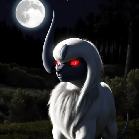 photo of a real life, detailed eyes, <lora:Absol:0.8>, Absol, pokemon, feral, night, moonlight, open white wings, red-glowing-eyes forest, fur, tuft,