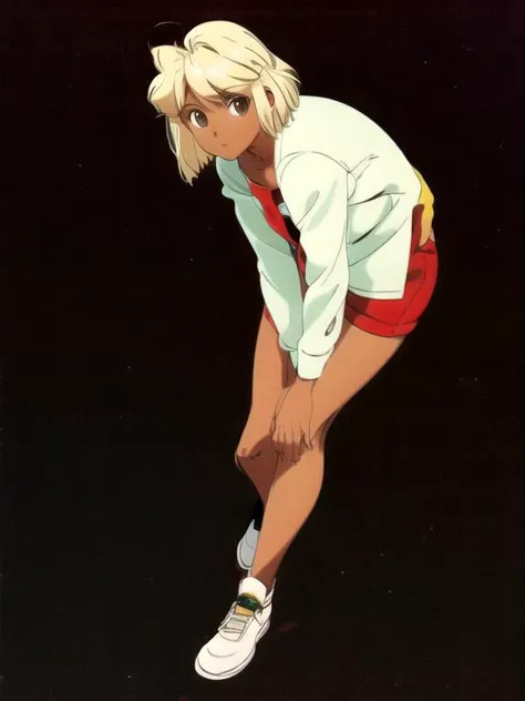 masterpiece, <lora:LisaVanetta002:0.7> <lora:add_detail:0.5>, <lora:noline:0.3>, <lora:boldline:-0.3>, LisaVanetta, 1girl, blonde hair, short hair, brown eyes, dark skin, <lora:superpers:0.3> super perspective, solo, simple background, looking at viewer, full body
