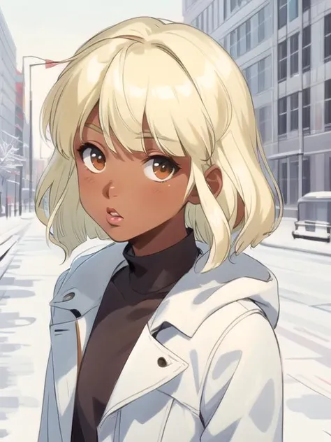 masterpiece, <lora:LisaVanetta002:0.7> <lora:add_detail:0.5>, <lora:noline:0.3>, <lora:boldline:-0.3>, LisaVanetta, 1girl, blonde hair, short hair, brown eyes, dark skin, winter coat, <lora:kisspout:0.25> looking at viewer, puckered lips, kissing