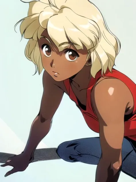 masterpiece, <lora:LisaVanetta002:0.7> <lora:add_detail:0.5>, <lora:noline:0.3>, <lora:boldline:-0.3>, LisaVanetta, 1girl, blonde hair, short hair, brown eyes, dark skin, <lora:superpers:0.3> super perspective, solo, simple background, looking at viewer, full body