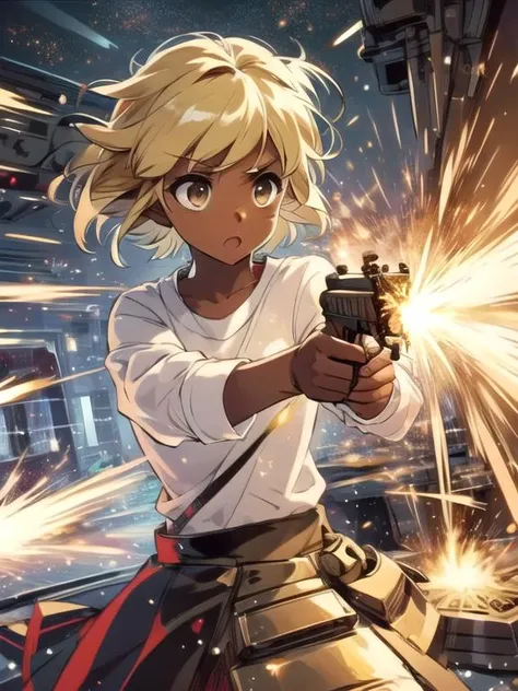 masterpiece, <lora:LisaVanetta002:0.7> <lora:add_detail:0.5>, <lora:noline:0.3>, <lora:boldline:-0.3>, LisaVanetta, 1girl, blonde hair, short hair, brown eyes, dark skin, <lora:avoidGun:0.6> ((firing, light particles))