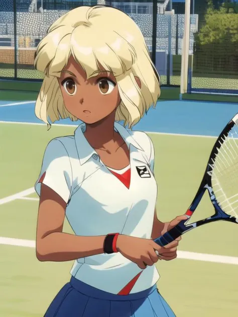 masterpiece, <lora:LisaVanetta002:0.7> <lora:add_detail:0.5>, <lora:noline:0.3>, <lora:boldline:-0.3>, LisaVanetta, 1girl, blonde hair, short hair, brown eyes, dark skin, playing tennis