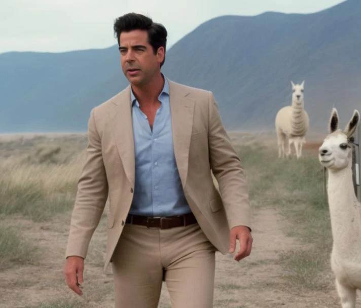 <lora:Jesse Watters (Fox News) - Trigger is Jessewatters Person:1> jessewatters person, film footage of hanging out with a llama and a robot. a romantic kiss on a private beach in a horror film directed by pedro almodvar BREAK heavy acid rain , intricate cinematography, high quality award winning footage. , moviel in the style of /" Jurassic Park "/, Kodachrome.