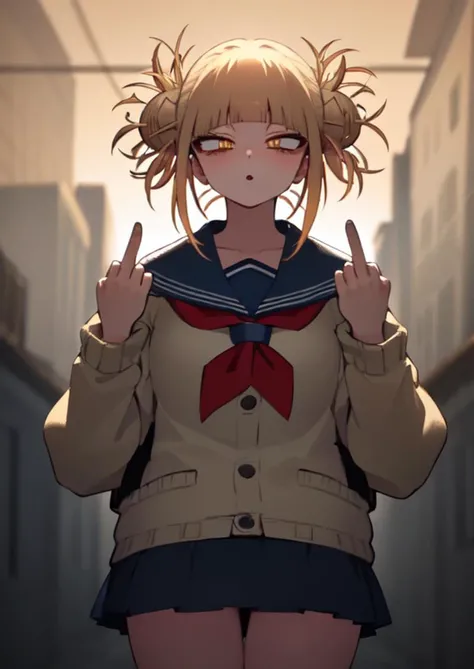 (masterpiece, best quality:1.2), extremely detailed, soft ambient lighting, sharp focus, 4K, BREAK <lora:TogaHimikoLoRA:1>, toga himiko, blonde hair, yellow eyes, bags under eyes, cardigan, serafuku, black skirt, neckerchief, BREAK middle finger, standing