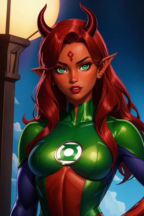masterpiece, best quality, tiefling, 1girl, red skin, colored skin, horns, pointy ears, green lantern costume <lora:Green Lantern Costume_v1:1>, looking at viewer, upper body <lora:Tiefling_v1:0.8>