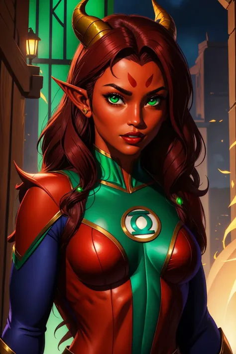 masterpiece, best quality, tiefling, 1girl, red skin, colored skin, horns, pointy ears, green lantern costume looking at viewer, upper body 