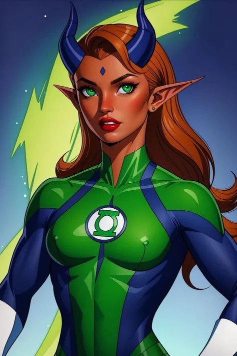 masterpiece, best quality, tiefling, 1girl, red skin, colored skin, horns, pointy ears, green lantern costume <lora:Green Lantern Costume_v1:1>, looking at viewer, upper body <lora:Tiefling_v1:0.8>