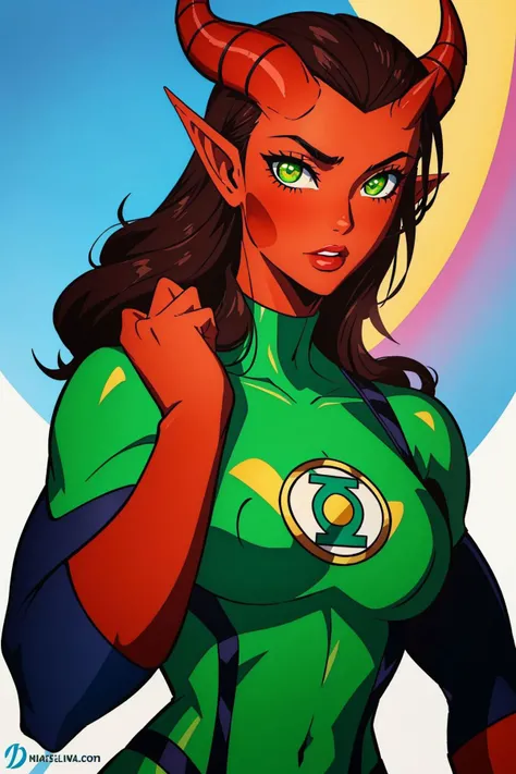 masterpiece, best quality, tiefling, 1girl, red skin, colored skin, horns, pointy ears, green lantern costume <lora:Green Lantern Costume_v1:1>, looking at viewer, upper body <lora:Tiefling_v1:0.8>