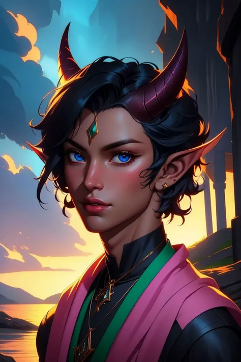 masterpiece, best quality, tiefling, 1boy, black hair, short hair, colored skin, horns, pointy ears, looking at viewer, upper body, necklace, outdoors <lora:Tiefling_v1:1>