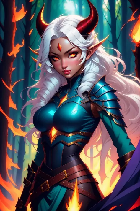 masterpiece, best quality, tiefling, 1girl, white hair, long hair, red eyes, colored skin, horns, pointy ears, looking at viewer, upper body, breastplate, shoulder armor, gauntlets, belt, glowing eyes, forest, colored sclera <lora:Tiefling_v1:1>
