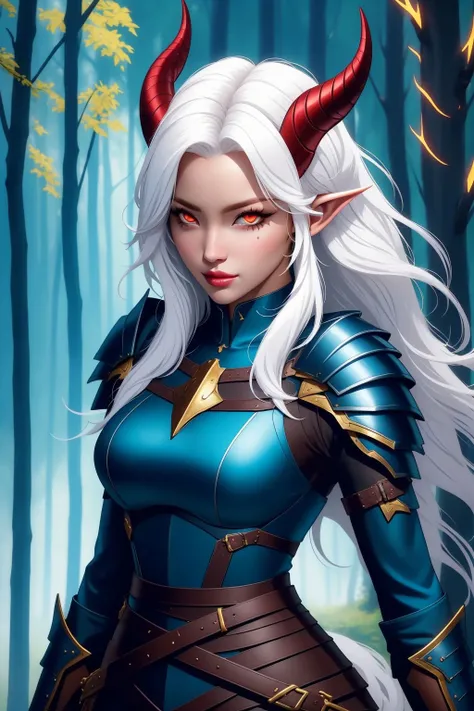 masterpiece, best quality, tiefling, 1girl, white hair, long hair, red eyes, colored skin, horns, pointy ears, looking at viewer, upper body, breastplate, shoulder armor, gauntlets, belt, glowing eyes, forest, colored sclera <lora:Tiefling_v1:1>