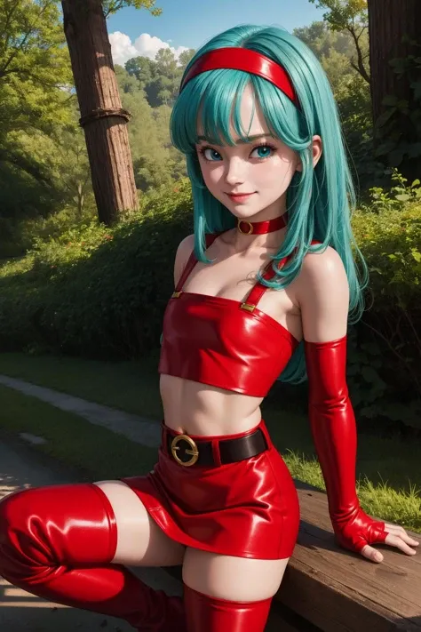 dbgtbra,1girl,solo,aqua hair,straight hair,long hair,aqua eyes,red hairband,
smile,closed mouth,cowboy shot,
red thighhighs,bare shoulders,collarbone,red boots,midriff,shiny,red belt,zettai ryouiki,red crop top,red skirt,thigh boots,red footwear,red tube top,neck ring,yellow choker,red miniskirt,bridal gauntlets,red gauntlets,tube top,leather,
forest,outdoor,
(insanely detailed, beautiful detailed face, masterpiece, best quality) cinematic lighting,<lora:DBGT_Bra_v2:1>, <lora:more_details:0.3>,