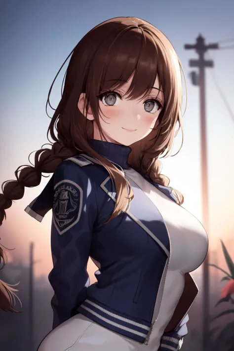 cowboy shot, solo, 1girl, looking at viewer, smile, blush, medium breasts, dark brown hair, tri braids, light grey eyes, beautiful detailed face, ultra detailed eyes, dark blue letterman jacket, backlighting, Iberis_amara \(flower\), floral background <lora:necomi_style_v01:1>