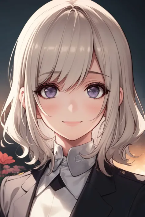 portrait, solo, 1girl, looking at viewer, smile, blush, medium breasts, cream hair, wavy hair, light grey eyes, beautiful detailed face, ultra detailed eyes, dark purple blazer, backlighting, Snake_Plant \(flower\), floral background <lora:necomi_style_v01:1>