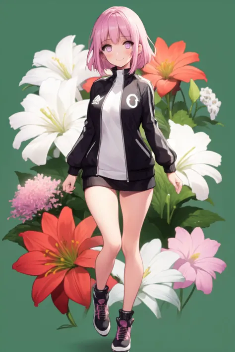 full body, solo, 1girl, looking away, smile, blush, medium breasts, pink hair, inverted bob, light purple eyes, beautiful detailed face, ultra detailed eyes, black letterman jacket, god rays, Astilbe \(flower\), floral background <lora:necomi_style_v01:1>