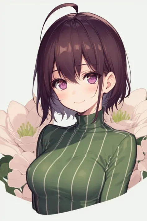 upper body, solo, 1girl, looking to the side, smile, blush, medium breasts, dark purple hair, ahoge, cream eyes, beautiful detailed face, ultra detailed eyes, green striped shirt, bright, Syringa_vulgaris \(flower\), floral background <lora:necomi_style_v01:1>