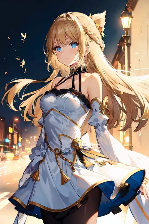 masterpiece, best quality, highres, aaema, long hair, gradient hair, hair ornament, lace choker, black choker, bare shoulders, criss-cross halter, blue dress, frils, black bow, black gloves, thigh strap, fishnet, single thighhigh, <lora:aizawa_ema_v1:0.7>, from side, wind, field, sunset, standing