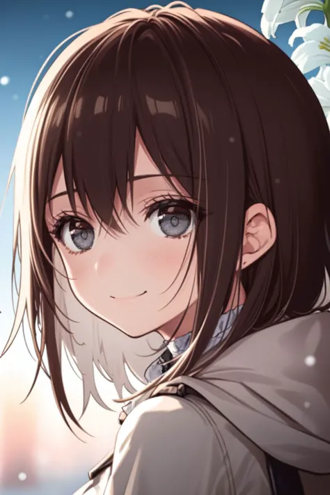 portrait, solo, 1girl, looking back, smile, blush, medium breasts, light brown hair, hair slicked back, black eyes, beautiful detailed face, ultra detailed eyes, light grey winter coat, backlighting, Lily_of_the_Nile \(flower\), floral background <lora:necomi_style_v01:1>
