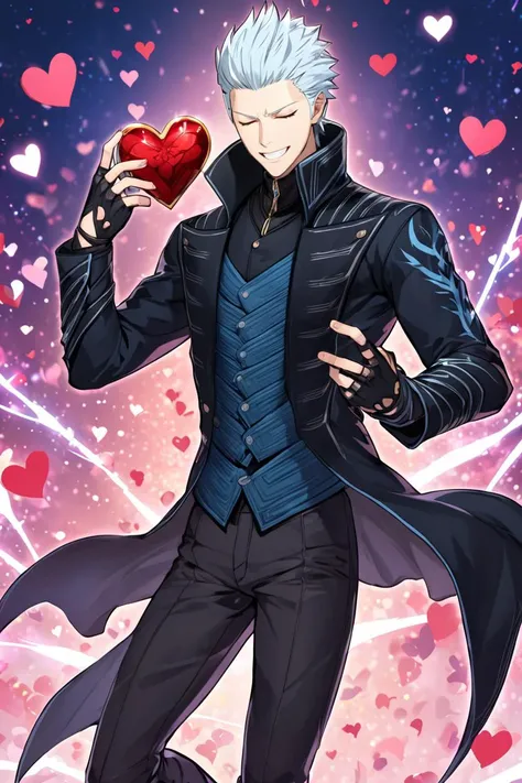 masterpiece, best quality, <lora:dmc5_vergil_xl-000004:0.95> dmc5vergil, black coat, fingerless gloves, pants, holding heart, valentine, abstract background, excited, closed eyes