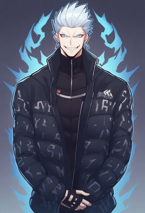 1boy, <lora:dmc5_vergil_xl-000004:0.8>, dmc5vergil, fingerless gloves, aura, dark aura, dripjacket, own hands together, <lora:XL_Outfit_DripJacket:1.5>, smirk,