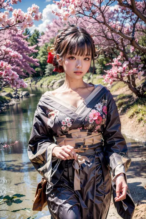(realistic:1.3), finely detailed, quality, rembrandt lighting, (masterpiece:1.2), (photorealistic:1.2), (best quality), (detailed skin:1.3), (intricate details), dramatic, ray tracing, 1girl, japanese girl, shy, blush, 21 years old, medium breasts, DefaultOutfit, kimono, hair accessories, (cherry blossom trees, river, spring, Sun, Clouds, strolling, nature, forest), <lora:NikkeSakura2in1:0.7>