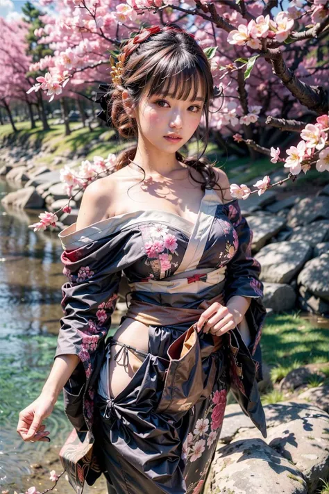 (RAW shooting, Photoreal:1.5, 8K, highest quality, masterpiece, ultra high resolution), ((after the rain)), Highly detailed skin and facial textures:1.3, perfect dynamic composition:1.2, (In front of a shrine at night in a modern city, Night cherry blossoms at the shrine:1.0, expression of sadness:1.0, Tears are flowing:1.0, cry with a broken heart:1.0), slim office lady:1.1, cowboy shot, Fair skin:1.2, sexy beauty:1.1, perfect style:1.2, beautiful and aesthetic:1.1, very beautiful face:1.2, water droplets on the skin, (rain drips all over my body:1.2, wet body:1.2, wet hair:1.3), (Professional kimono dressing:1.1, Holding a bouquet of wet cherry blossoms:1.2, Wear a wet light purple kimono correctly:1.3), (plump breasts, Bra is transparent, Chest gap),  (Eyes that feel beautiful eros:0.8, Too erotic:0.8, Bewitching:0.8), necklace, earrings, bracelet, wedding ring, Highly detailed hand and finger expressions