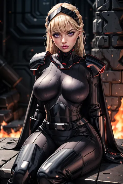 (ultra realistic,32k, masterpiece:1.2),(high detailed skin:1.1),( high quality:1.1),
<lora:AmSW:0.7>(angry, v-shaped eyebrows:1.1),(eyeliner,long lashes, mascara:1.1),AmSW, 1girl, solo, long hair, blonde hair, black gloves, purple eyes, black hairband, cape, black bodysuit, braid, blunt bangs,explosion fire lava magma cybernetic underground resistance hideout, rebel hackers, anti-establishment activities, covert operations (blurry background:1.2),(looking at viewer, sitting:1.1),, huge breast,large breast,<lora:add_detail:0.93>,full body,
(glowwave:1.1),