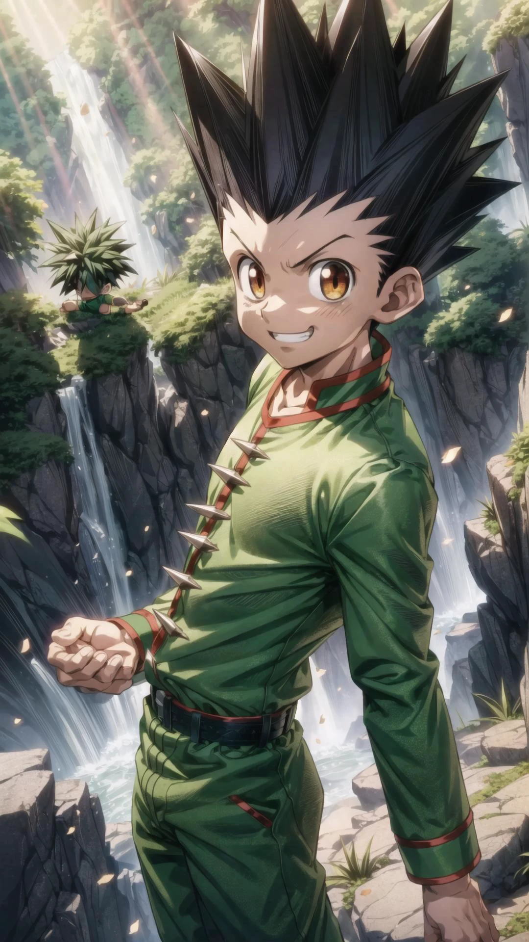 <lora:å°æ°GONV1:0.8> Gon, 1boy, spiked hair, grin, v, cute, male child, green shirt, AS-YoungV2-neg, masterpiece, best quality, extremely detailed, highly quality, 4k, sharp focus, professional, sharp focus, award winning, cinematic lighting, octane render, unreal engine, volumetrics dtx, Wallpaper,