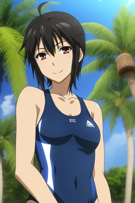 (masterpiece, highest quality: 1.2), alone, 1 girl, alone, bikini,your heather, smile, Mouth closed, View audience, Long 黒 hair, head band, Earrings, Big Breasts, Medium Waist, Medium Hips, wide thighs, Embarrassing, charm, smiling with her Mouth closed, Good move..., Excellent anatomy,bikini,Pool,