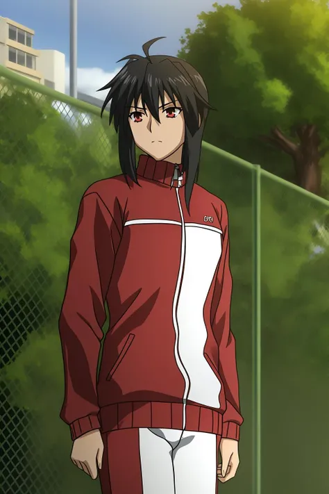 nagi, 1girl, solo, long_hair, looking_at_viewer, black_hair, red_eyes, brown_eyes, jacket, upper_body, ahoge, outdoors, alternate_costume, tree, alternate_hairstyle, scar, antenna_hair, androgynous, zipper, track_jacket, contemporary, fence, style_parody, track_suit, chain-link_fence