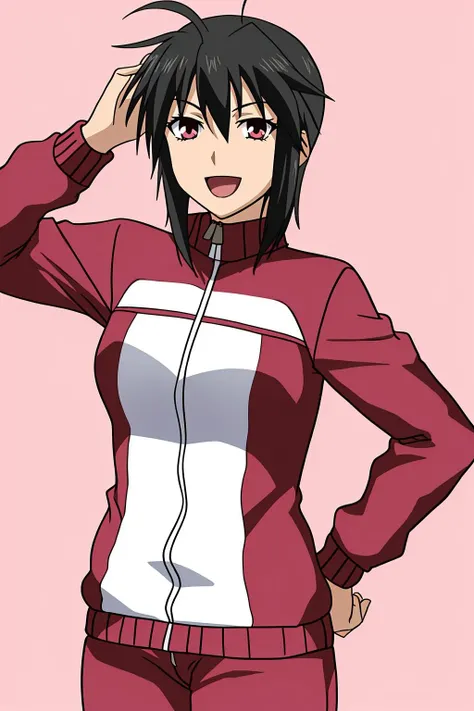 nagi, 1girl, solo, breasts, looking_at_viewer, smile, short_hair, open_mouth, black_hair, red_eyes, brown_eyes, medium_breasts, jacket, ahoge, :d, cowboy_shot, pants, hand_on_hip, pink_background, zipper, track_jacket, track_suit