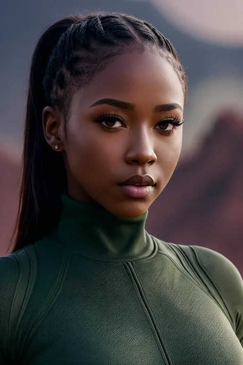 perfect cinematic shoot of a beautiful woman (EPCh344ndr34:.99), a woman standing at a mountain top, perfect high ponytail, wearing sexy green (turtleneck), (blood moon in background:1.2), (detailed background:1.1), (face focus), modelshoot style, (extremely detailed CG unity 8k wallpaper), professional majestic (photography by Roberto Ferri:1.1), 24mm, exposure blend, hdr, extremely intricate, High (Detail:1.1), dramatic, soft cinematic light, (looking at viewer), (detailed pupils),8k, highly detailed, rich environment, 4k textures, soft cinematic light, elegant, ((((cinematic look)))), soothing tones, insane details, hyperdetailed, ("In Jernau we trust!":1.1)