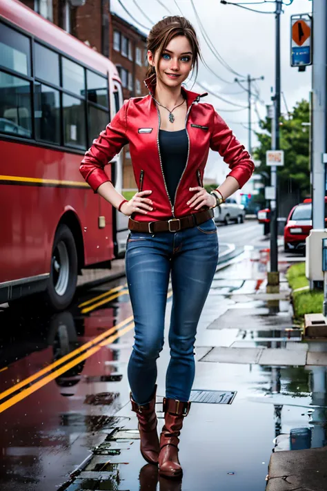 claireredfield2,blue eyes,brown hair,ponytail,belt,necklace,red jacket,jeans, boots, looking at viewer, smiling, full body shot, standing, hands on hips, outside, city, street, overcast, raining, high quality, masterpiece, <lora:claireredfield:.6>