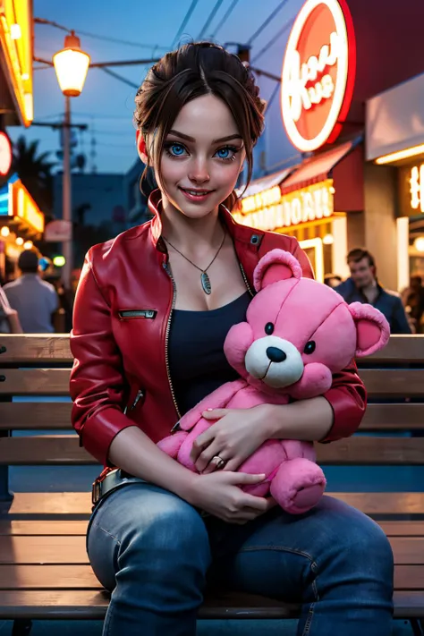 claireredfield2,blue eyes,brown hair,ponytail,belt,necklace,red jacket,jeans, looking at viewer, smiling, happy, sitting, on bench, holding large stuffed animal, outside, carnival, night, crowd, neon lighting, high quality, masterpiece, <lora:claireredfield:.6>