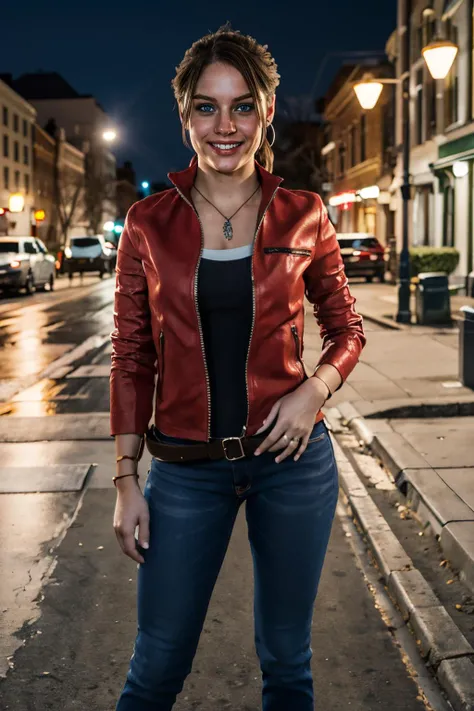 claireredfield2,blue eyes,brown hair,ponytail,belt,necklace,red jacket,jeans, looking at viewer, smiling, standing, outside, city, sidewalk, night, dark, high quality, masterpiece, <lora:claireredfield:.6>