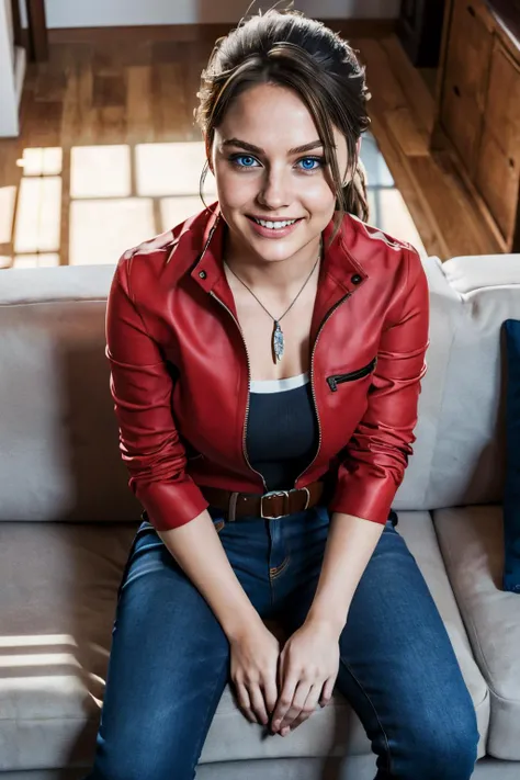 claireredfield2,blue eyes,brown hair,ponytail,belt,necklace,red jacket,jeans, looking at viewer, serious, smiling, sitting, on large sofa, inside messy living room, from_above, high quality, masterpiece, <lora:claireredfield:.6>