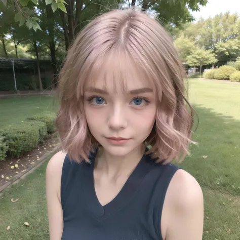 wowo,1girl,solo,blue eyes,(pink hair:1.2),(upper body:1.2),school uniform,sitting,outdoors,doggystyle,blonde hair,bangs,<lora:wowo:0.5>,