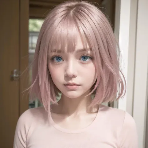 wowo,1girl,solo,blue eyes,(pink hair:1.2),upper body,school uniform,blonde hair,bangs,<lora:wowo:0.4>,