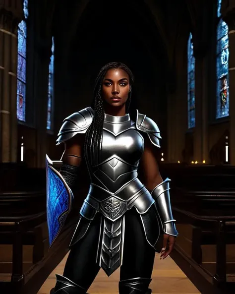 gorgeous black woman,
long braided hair,
large blue eyes, beautiful eyes,
beautiful face, chiseled jaw,
dark skin, muscular body,
standing in a gothic church, night photo, low light, dark, whole body visible, full body,
masterpiece, very detailed, high quality, realistic,
<lora:ARWGladiatorArmor:1> gladiatorarmor