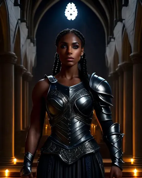 gorgeous black woman,
long braided hair, 
large blue eyes, beautiful eyes,
beautiful face, chiseled jaw, 
dark skin, muscular body, 
standing in a gothic church, night photo, low light, dark, whole body visible, full body,
masterpiece, very detailed, high quality, realistic, 
 <lora:ARWGladiatorArmor:1> gladiatorarmor