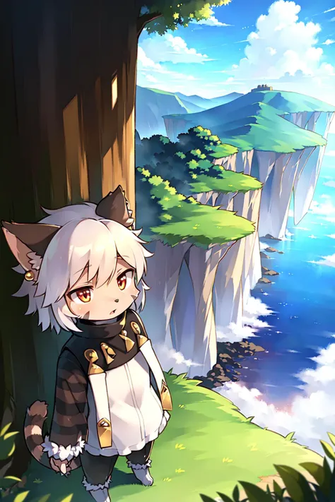 elh, masterpiece, trending on artstation, uploaded on e621, extreme detail, (very wide shot, from above, looking up, looking at viewer:1.1), 1girl, solo, kemono, furry, furry female, cat girl, :o, fang, (elhattire, strap:1.2), (detailed eyes, body fur:1.3), facial mark, white hair, short hair, shiny hair, cat ears, earrings, red eyes, yellow eyes, animal nose, striped tail, blush, full body, striped sleeves, fur-trimmed sleeves fur-trimmed boots, white boots, black pants, standing, flying islands, detailed background, tree, grass, (clouds, sky:1.4), (detailed lighting), (cinematic lighting), (masterpiece, hi res, RAW photo, high resolution, high details, best quality), high definition, (high sharpness:1.1) <lora:elhV2:1.5>