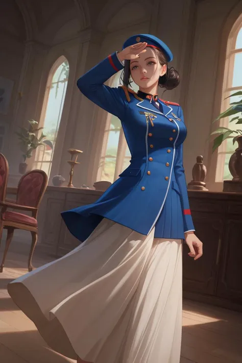 score_9, score_8_up, score_7_up, score_6_up, 1girl, solo, military uniform,  blue beret, dark hair, hair in a bun, medium breasts, cleavage, saluting, very clear image, detailed hands, detailed character design, ultra-high resolution, perfectly composed, clear, breathtaking attention to detail, highres, ultra detail, 8k wallpaper,