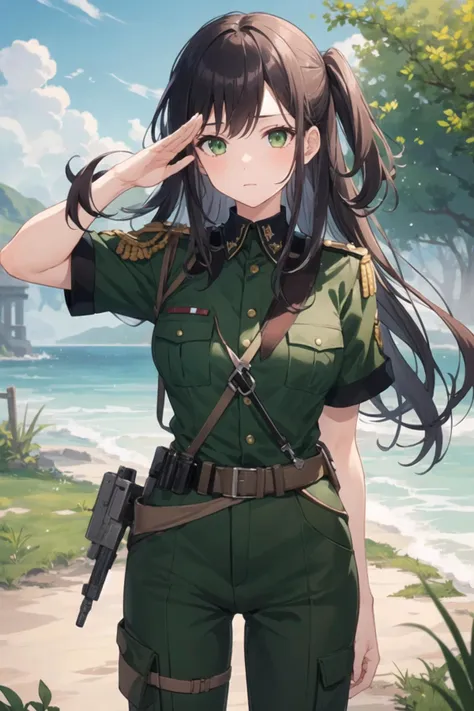 1girl, military uniform, pants, long hair, short sleeves, salute, arm behind back, standing, war, solder, outdoors, green eyes, expressionless,