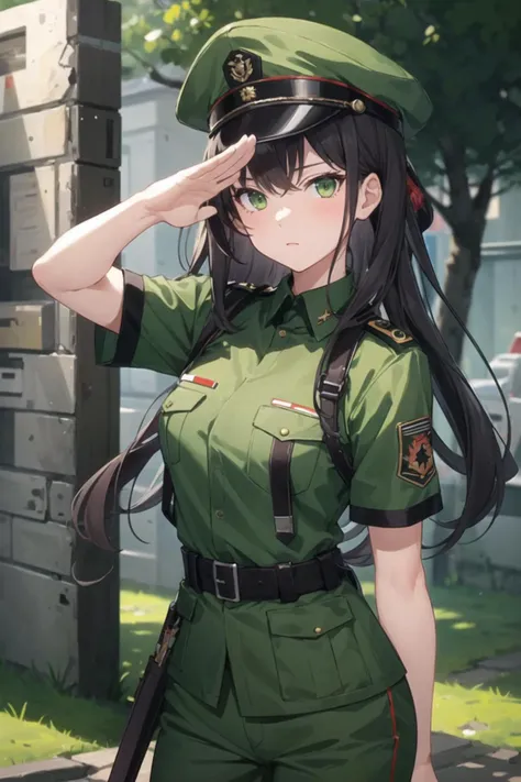 1girl, military uniform, pants, long hair, short sleeves, salute, arm behind back, standing, war, solder, outdoors, green eyes, expressionless,