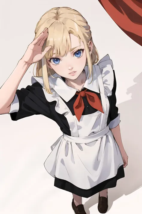 masterpiece,highres,1girl,solo,blonde,cccpuniform,red neckchief,looking at viewer, 
white apron,(white collar:1.3) ,communism ideology,salute,red flag,from above
 <lora:cccpuniform:0.7>  <lora:GoodHands-vanilla:1>