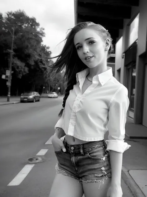 MadiCollins, woman, (to8contrast style), with her hair styled in a modern braided updo, wearing a white button-down cropped shirt and tiny frayed denim short shorts, washing a classic convertible, capturing the sophistication and elegance of her demeanor, high fashion style, Peter Lindbergh photography, emphasizing the curves of her upper torso and hips, black and white, high contrast, dramatic shadows, soft focus, high detail, ultra high detail, (hands in pockets:1.1), arms behind back, (exposed midriff:0.5)