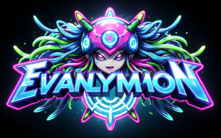 ("EVANJELLYMON" text logo),neon pink,neon blue,green,mecha,anime, <lora:JellymonXLV2:0.75>, <lora:Harrlogos_v1.1:1>