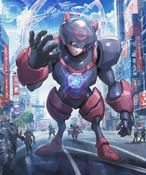 full body,outdoors,solo,a giant mecha jellymon walking through a city,biomechanical,carbon fiber,armor plating,anime,  <lora:JellymonXL:0.75>